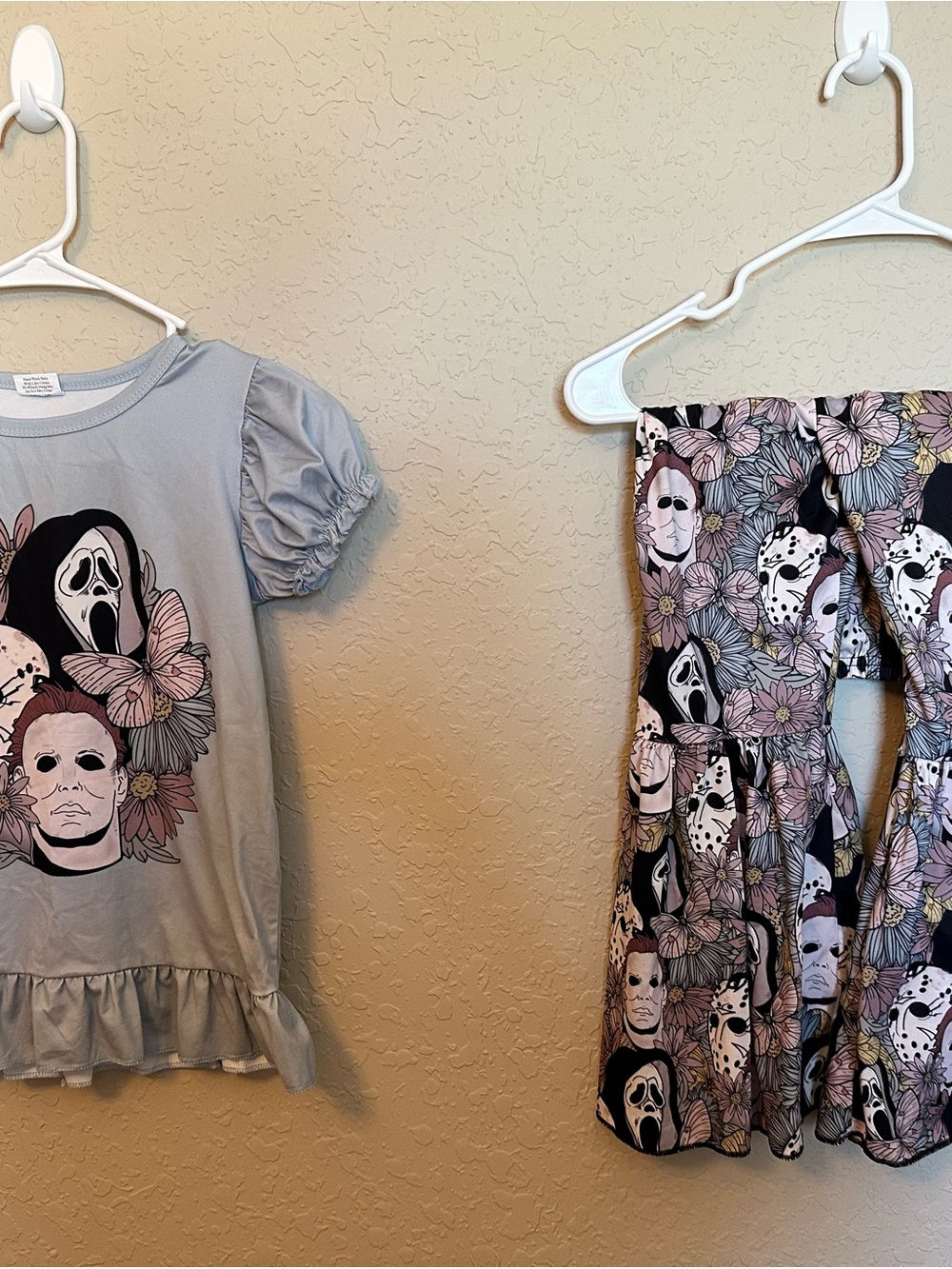 Kids Horror Character Floral Dress and Top Set in Light Gray and Pink